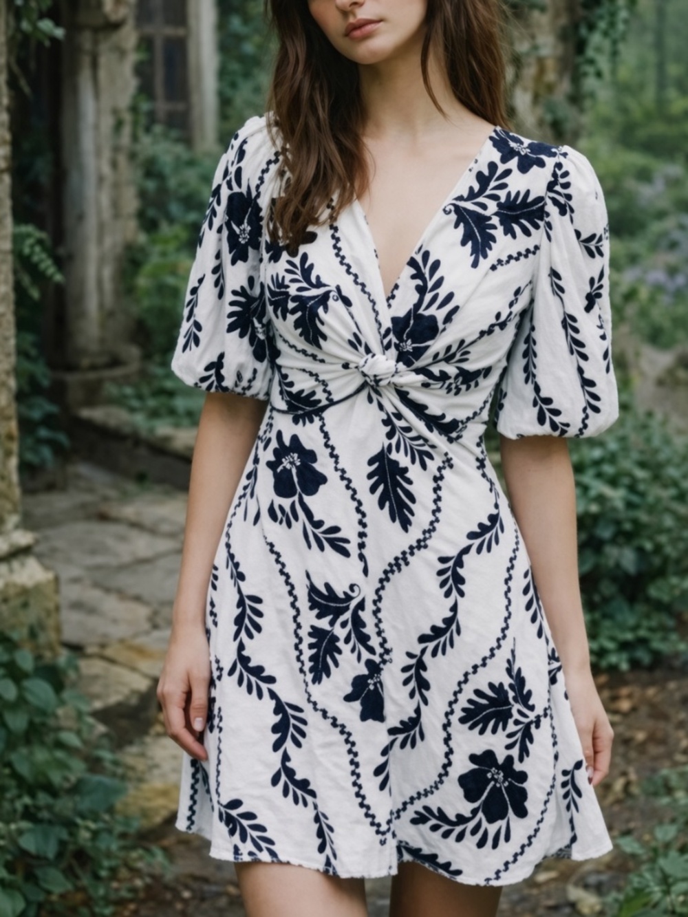 White Closet Black and White Linen Floral Puff-Sleeve fit and flare Dress S nwt